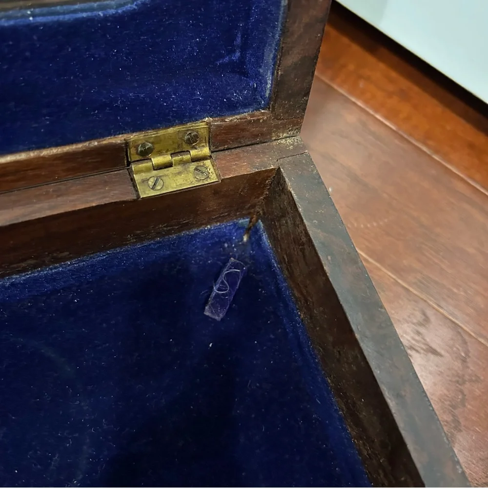 Vintage Rosewood Brass Inlay Divided Jewelry Box SAIMA Blue Velvet 2 Tiers